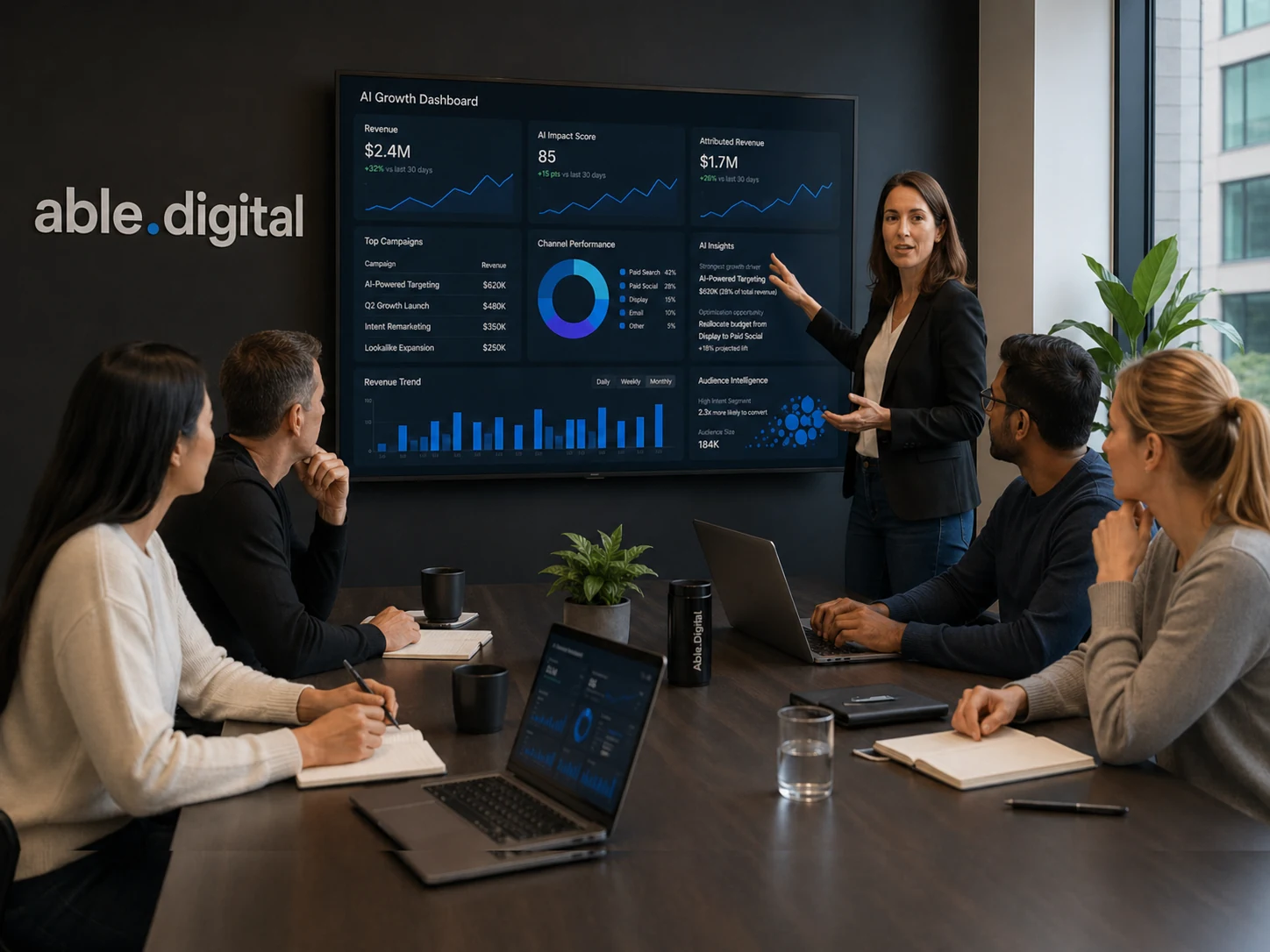 Able.Digital team reviewing an AI growth dashboard with campaign, revenue, and audience intelligence metrics.