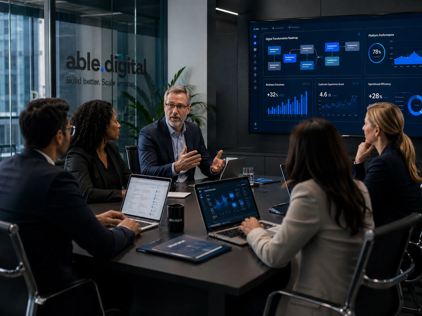 Able.Digital advisors leading an executive digital transformation meeting with dashboards and roadmap visuals.