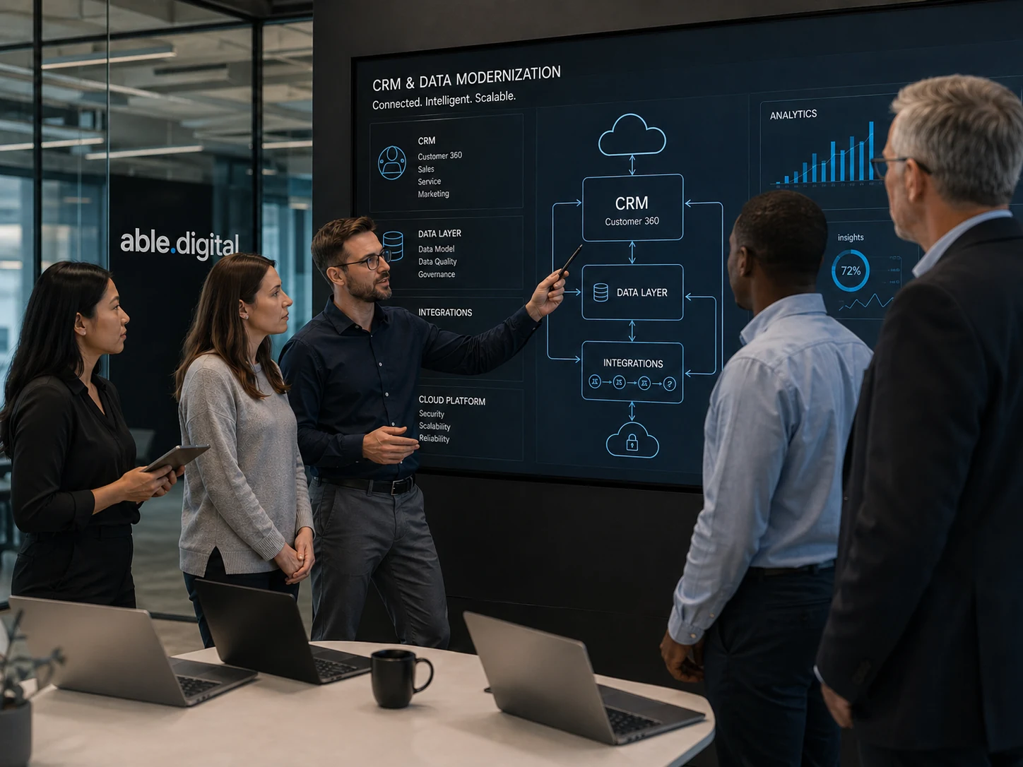 Able.Digital consultants explaining CRM and data modernization architecture on a large digital screen.