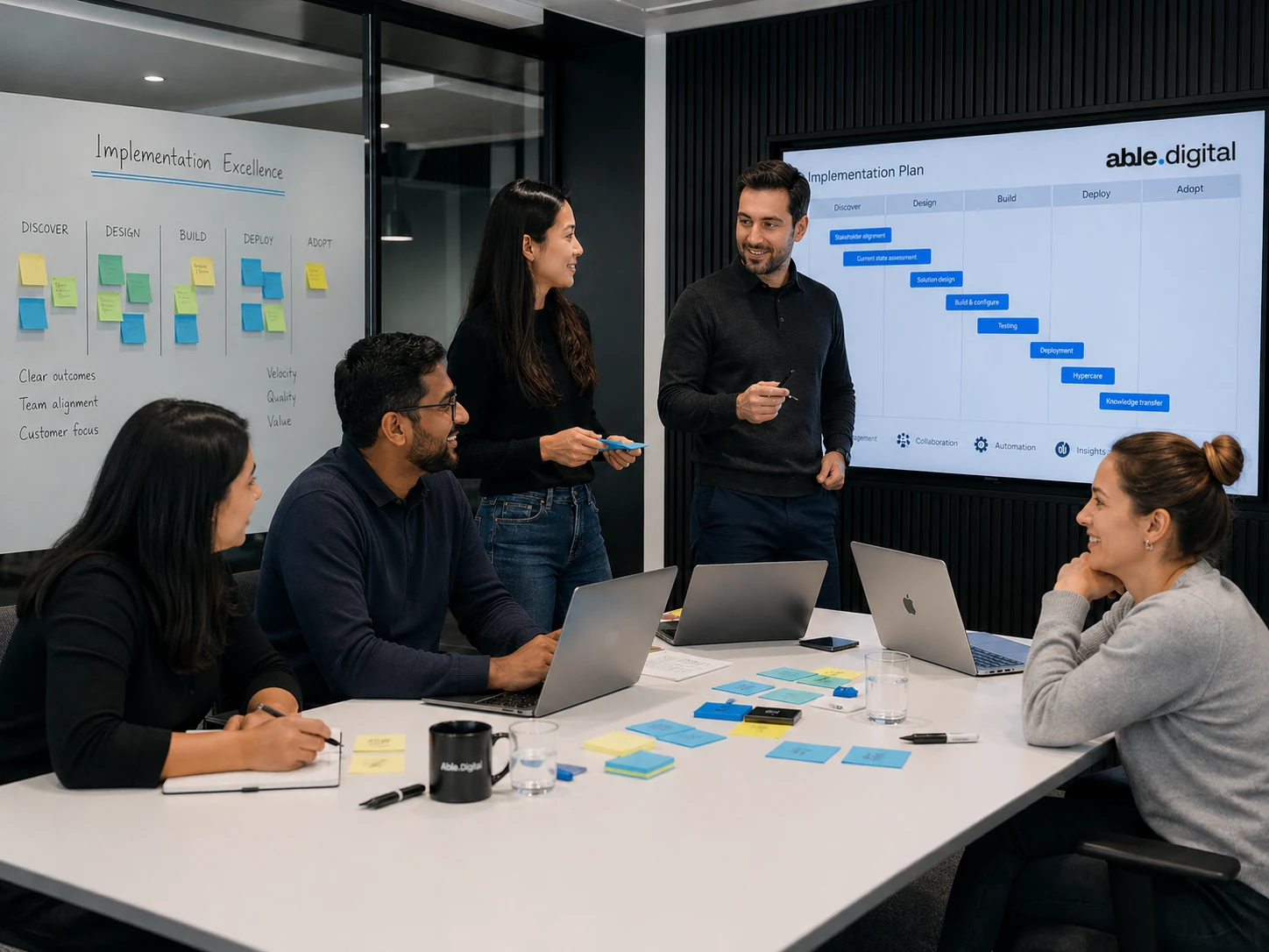 Able.Digital implementation team planning delivery sprints with laptops, sticky notes, and a project roadmap.