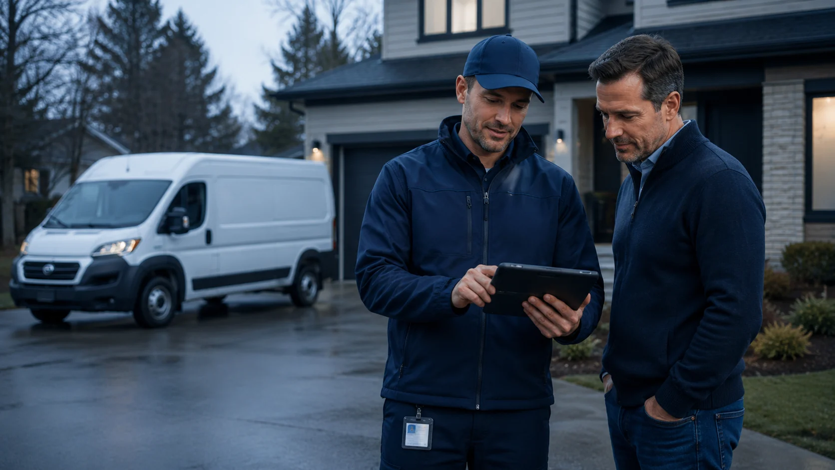 Residential service technician consulting with a homeowner.
